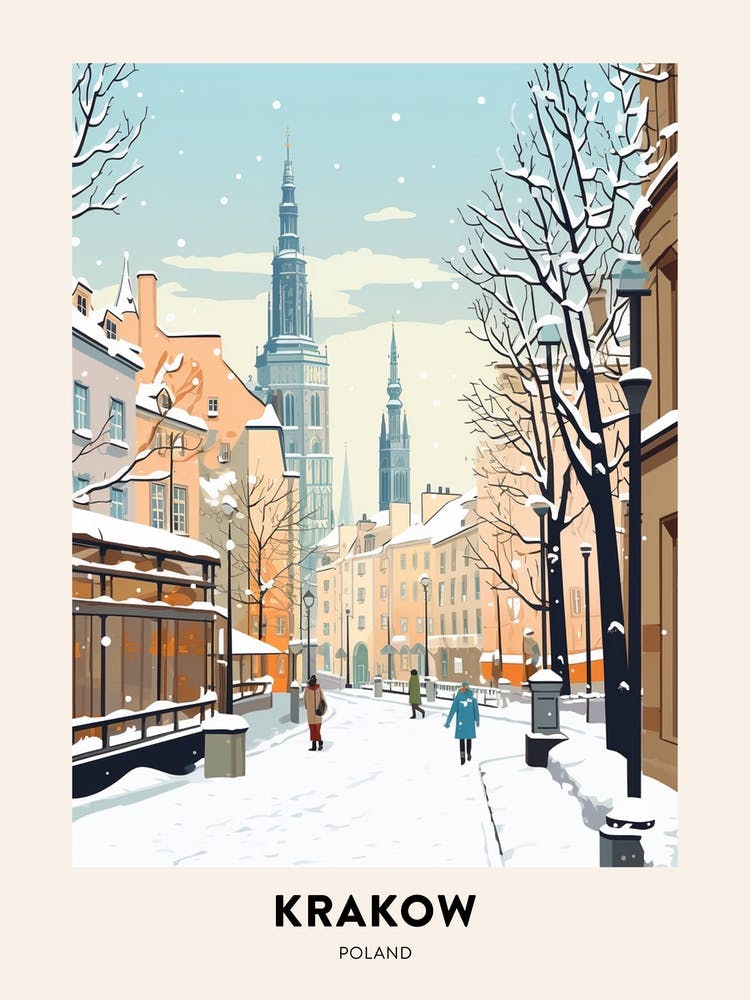 Vintage Winter Travel Poster Krakow Poland 2