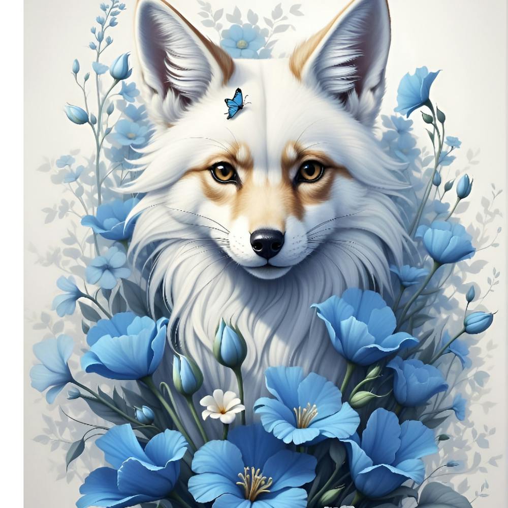 Fox With Blue Flowers 1