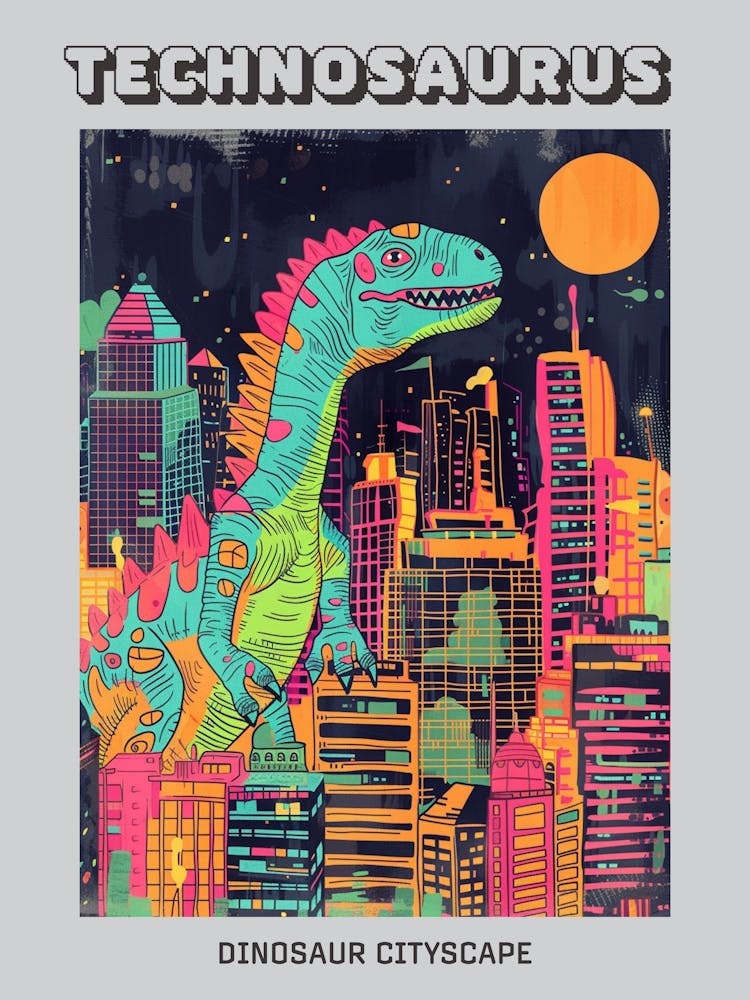 Dinosaure Paysage urbain Bleu sarcelle Orange Rose Affiche