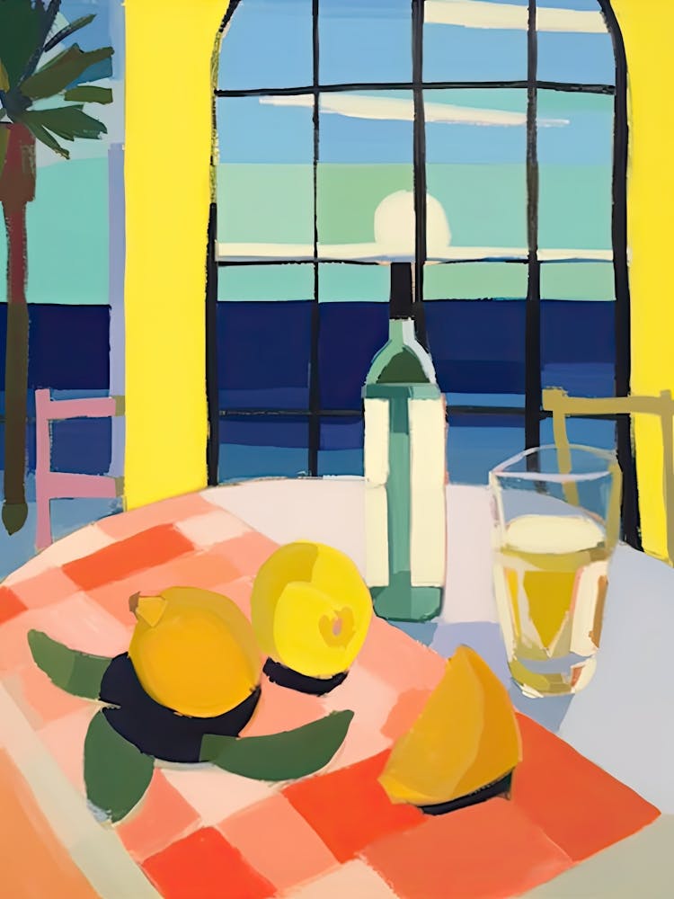 Painting Of A Lemons And Wine, Frenchch Riviera View, Checkered Cloth, Matisse Style 4