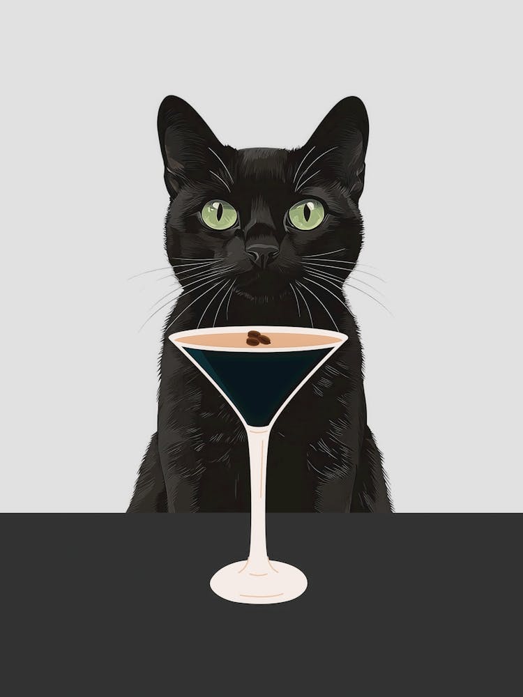 Cat with Espresso martini art in neutral and black colors in a minimalist aesthetic, quirky illustration whimsical artwork ideal for kitchens, cafes, coffee bars, bar carts, fun contemporary art for an eclectic living room