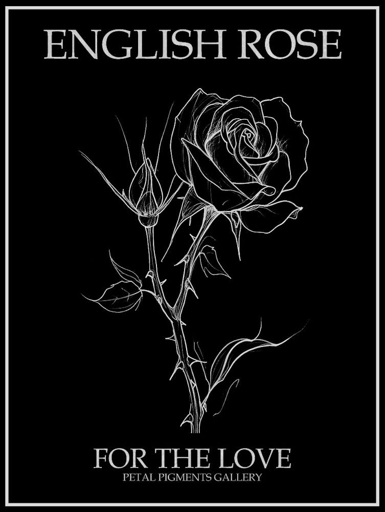 Englische Rose Schwarz-Weiß-Strichzeichnung 30 Poster Invertiert