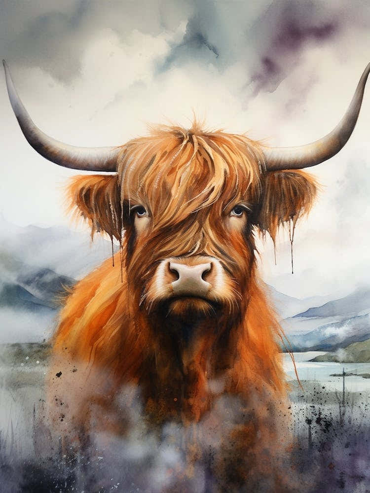 Watercolour Of Highland Cow In The Storm 4