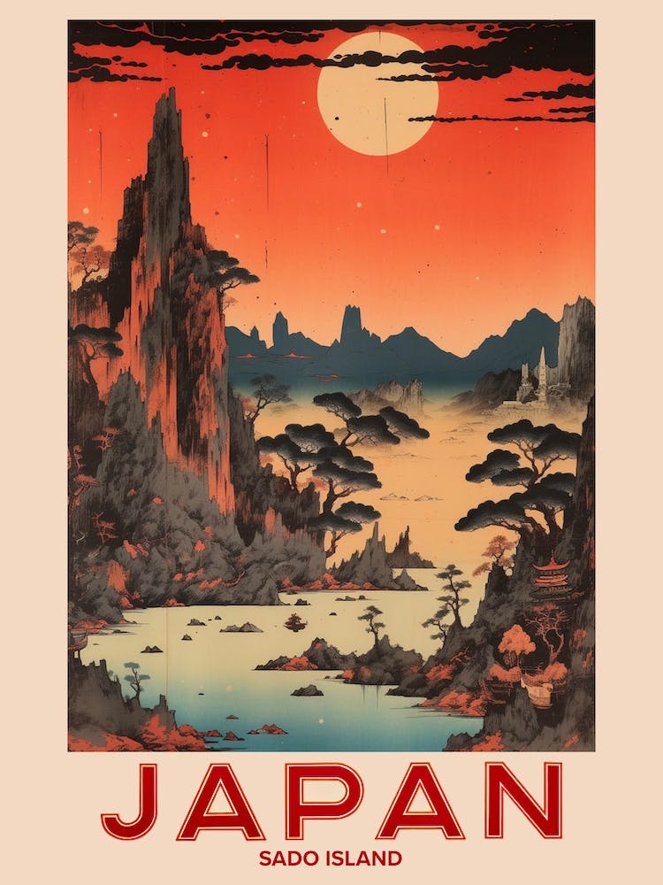 Sado Island, Visit Japan Vintage Travel Art 4