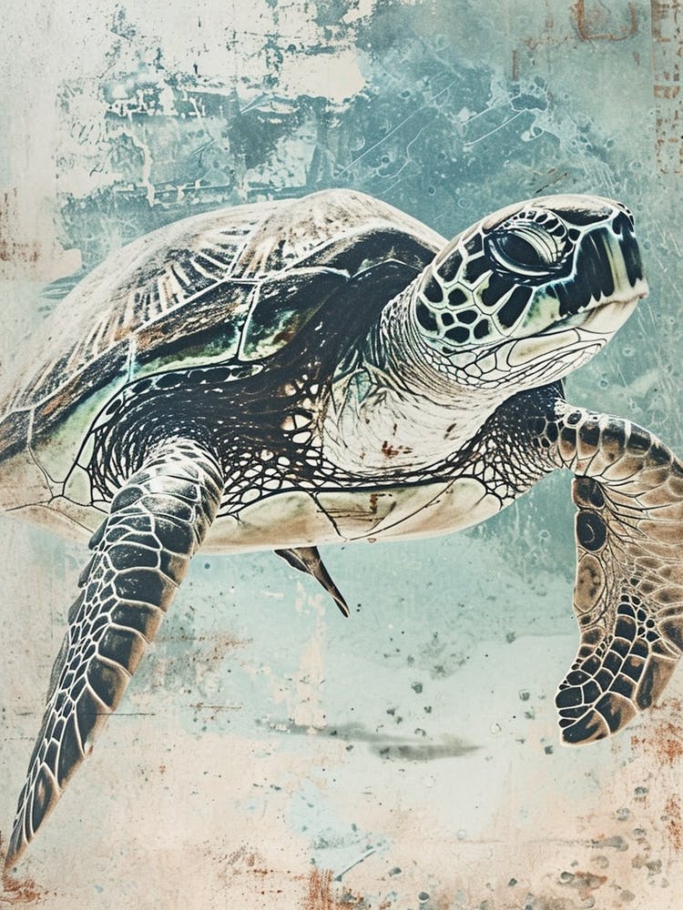 Textured Gouache Sea Turtle Blue