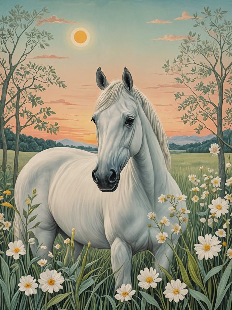 Pastel White Horse In The Meadow