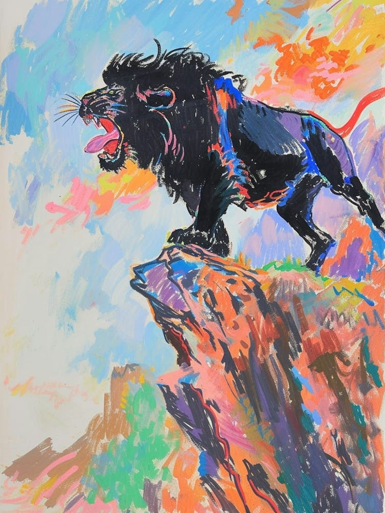 Black Lion Roaring On A Cliff Fauvist Painting 2
