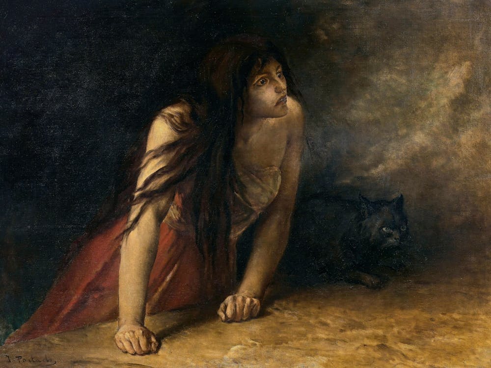 The Witch by Jean-Francois Portaels - XIXe siècle - Huile sur toile remasterisée - Esthétique sombre de sorcière - Décoration murale de galerie - Chat noir - Sorcellerie - Païen - Insolite