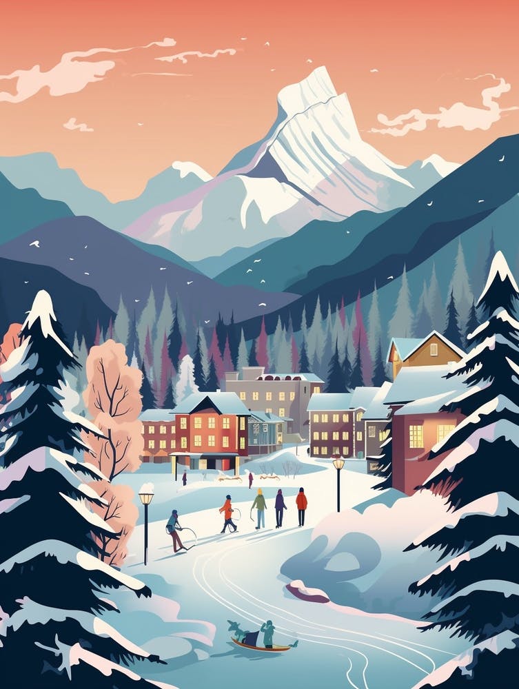 Winter Travel Night Illustration Banff Canada 1