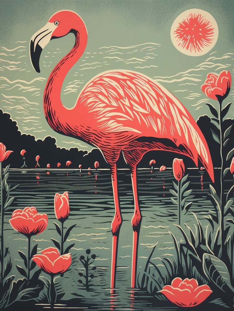 Vintage Bird Linocut Flamingo 5