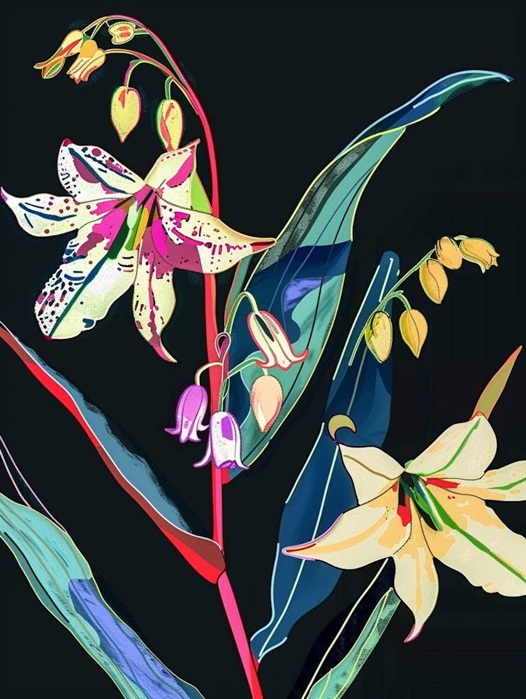 Neon Flowers On Black Lily Of The Valley 1