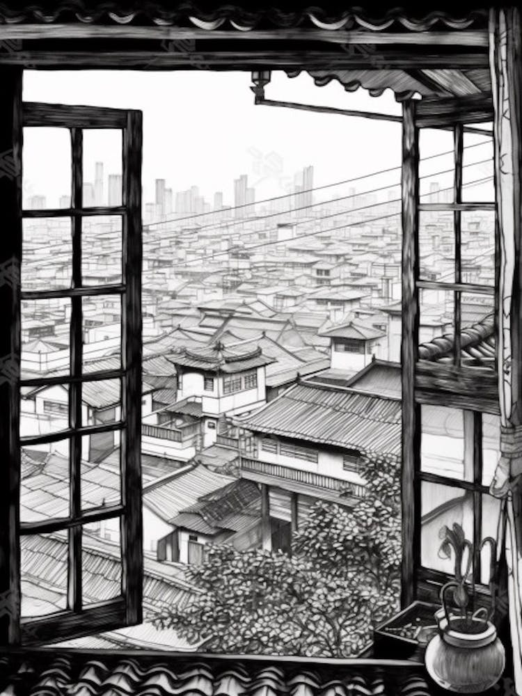 Window View Of Seoul South Korea   Black And White Colouring Pages Line Art 1