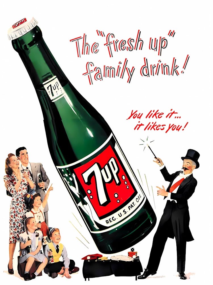 Seven Up, Große Flasche, Familiengetränk, Vintage Werbeplakat