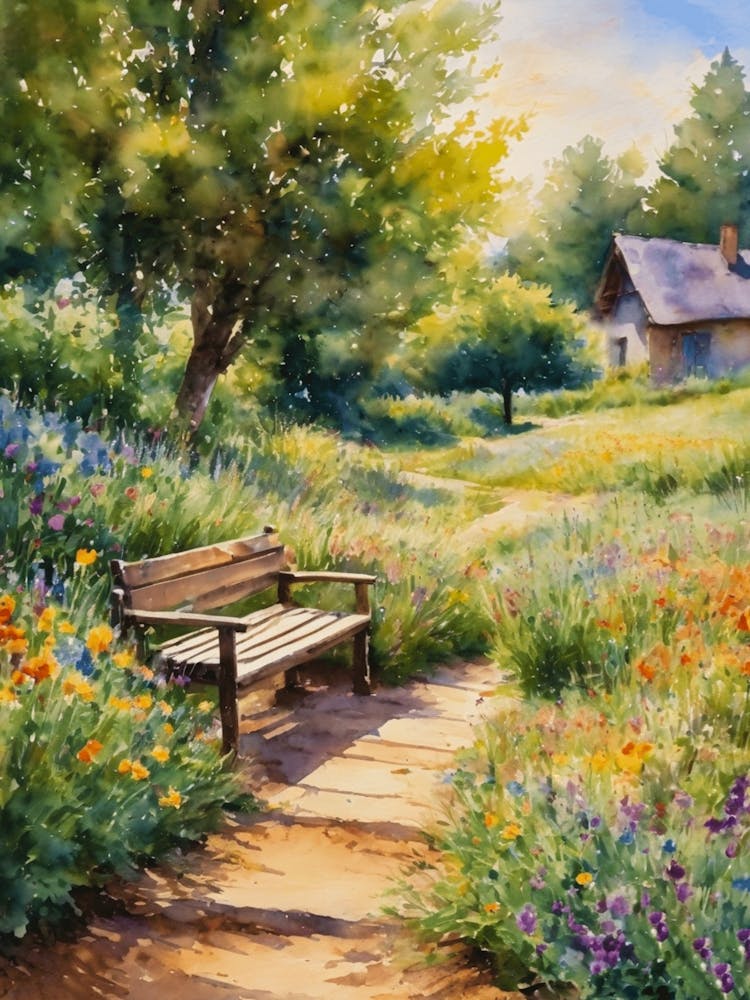 Summer Meadow Path by a Bench and Old Rustic Farmhouse - Sunny Floral Watercolor Landscape by Artist Lyra O'Brien