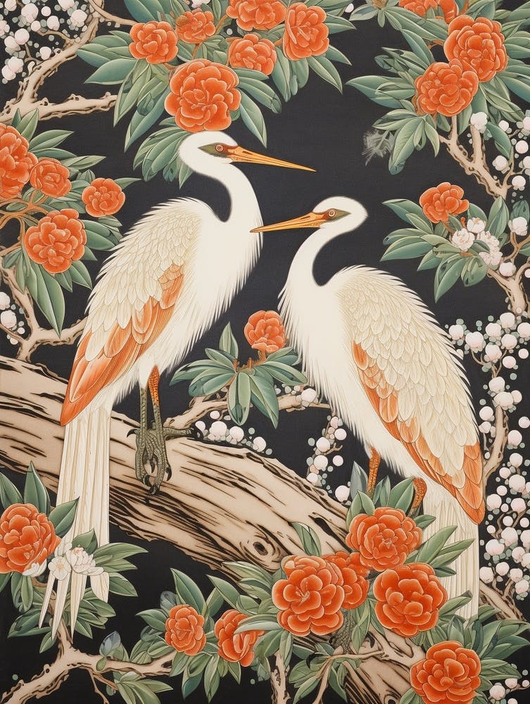Orange Flowers And Cranes Vintage Japanese Botanical