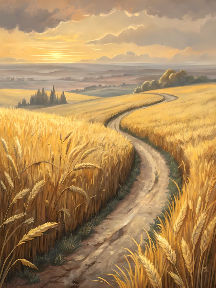 Winding Path Through Golden Wheat Field Oil Painting