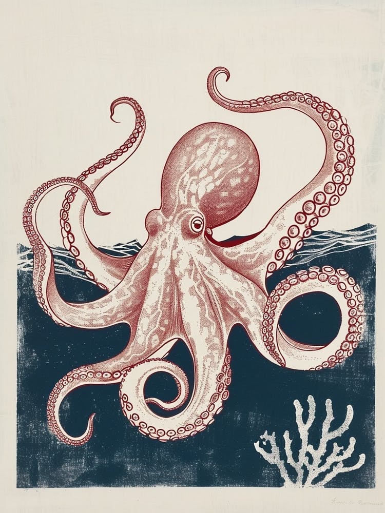 Red & Navy Octopus Linocut Inspired In The Ocean 1