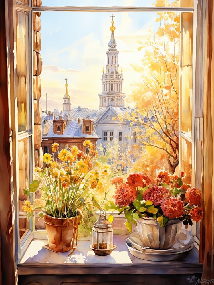 Window View Of Riga Latvia In Autumn Fall, Watercolour 2