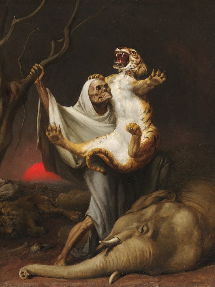 Power of Death, circa 1889. Painted by William Holbrook Beard. Skeleton Carrying a Tiger | HD Remastered Perfect Reproduction
