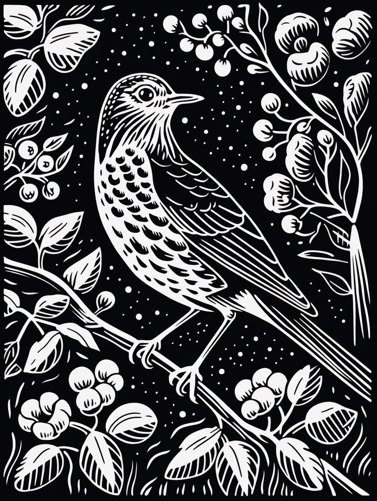 Linogravure d'Oiseau N&B Grive Solitaire 3