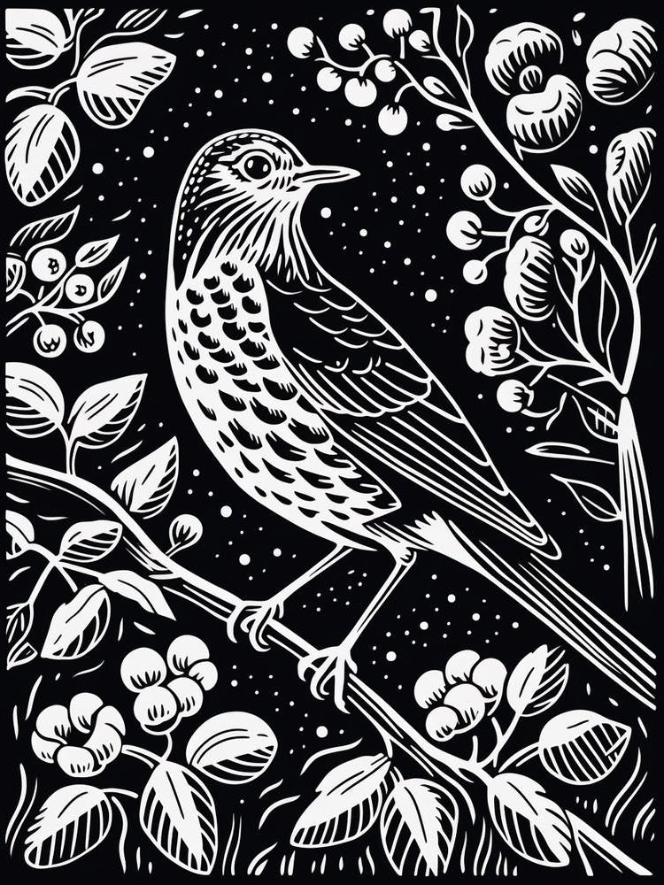 B&W Bird Linocut Hermit Thrush 3