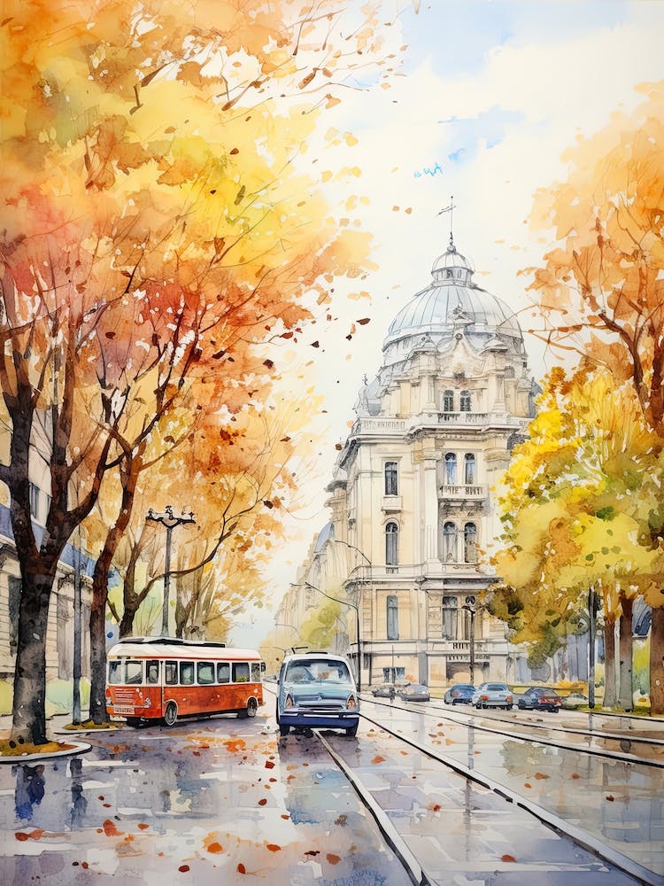 Bucharest Romania In Autumn Fall, Watercolour 1