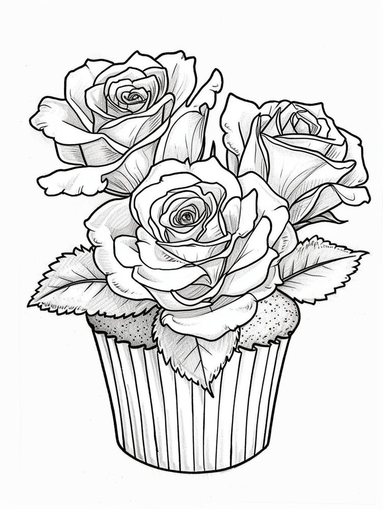 Rose dans un dessin au trait de cupcake 1