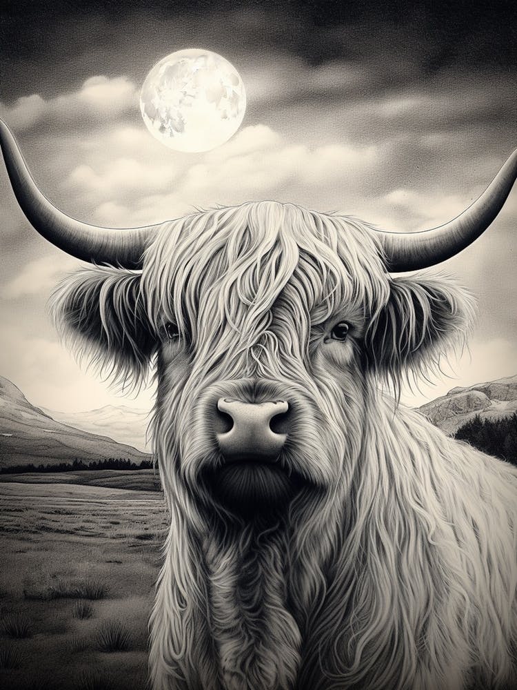 Black & White Illustration Of Highland Cow With The Moonlight