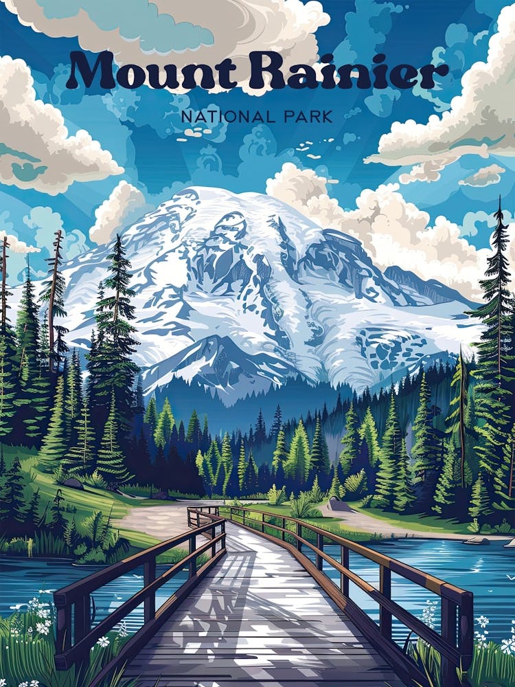 Mount Rainier National Park Washington Nature Art Illustration