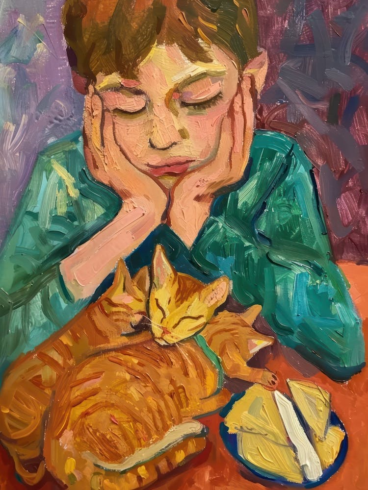 Portrait Of A Boy With Orange Cats Having Dinner