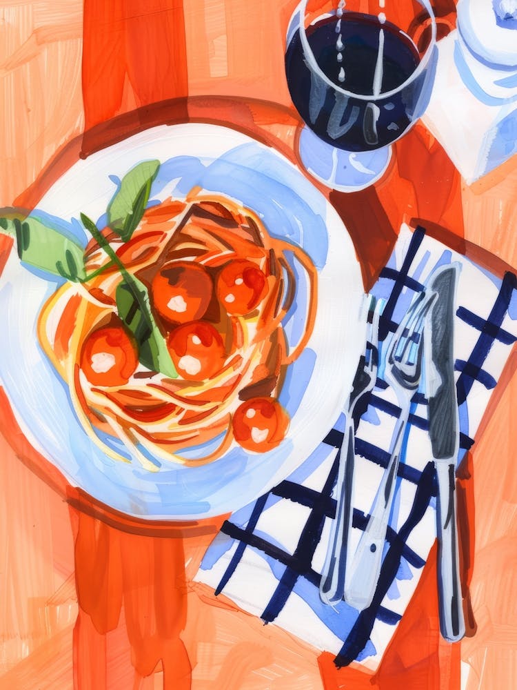 Spaghetti and Wine. Italian Food. Watercolor Kitchen