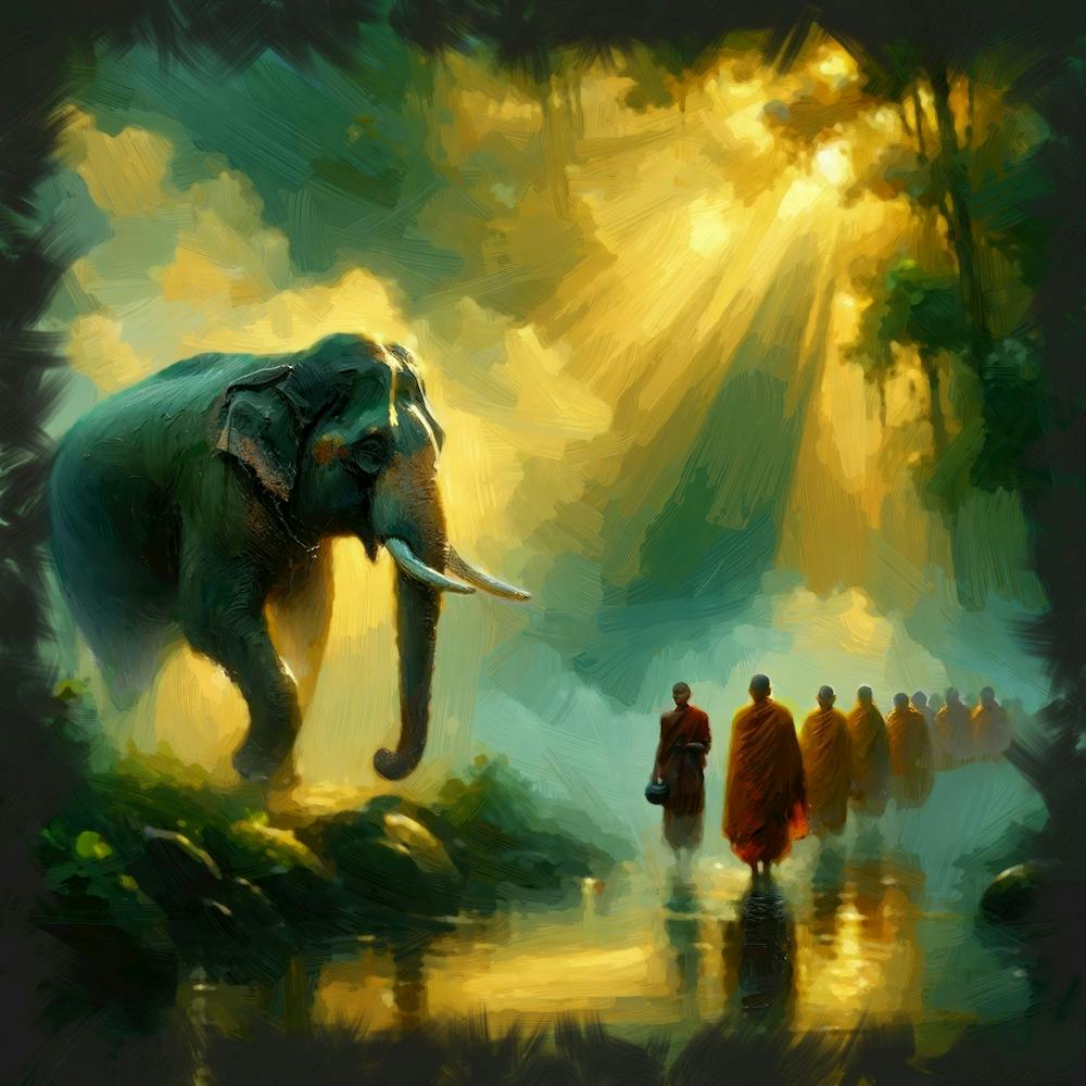 Buddhist Monks And Elephant