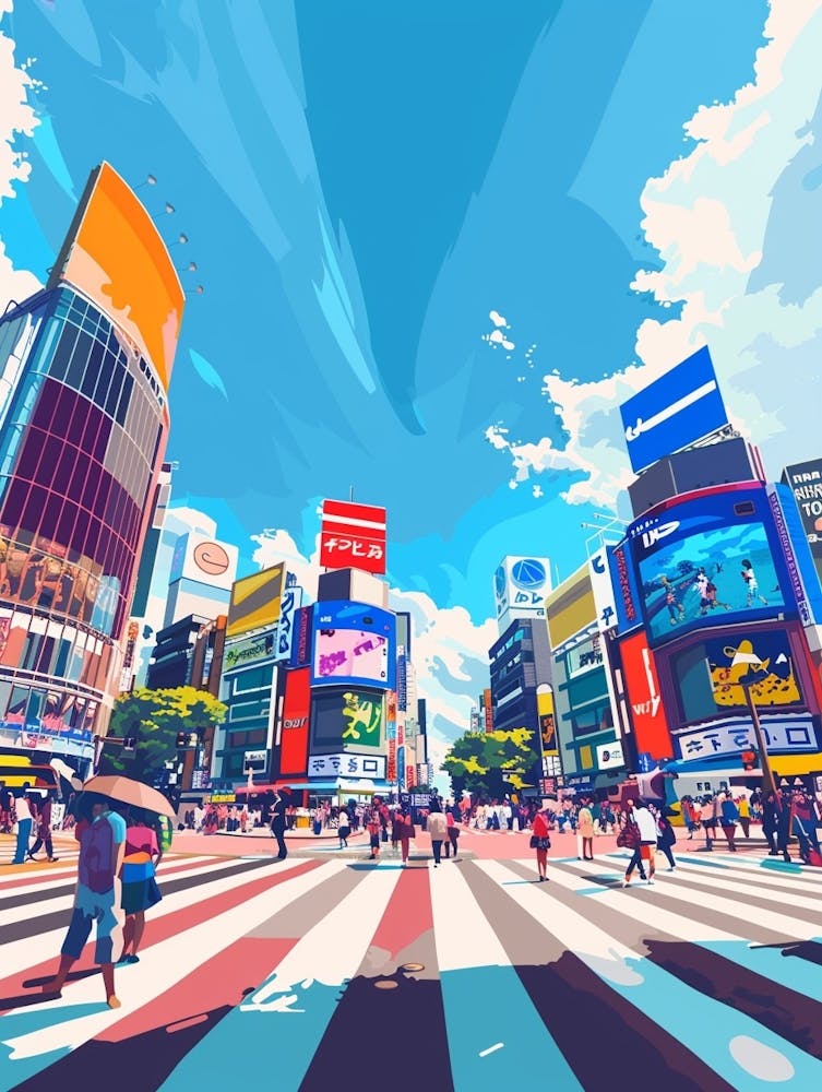 Shibuya Crossing Tokyo 3 Colourful Illustration Art Print by Japan