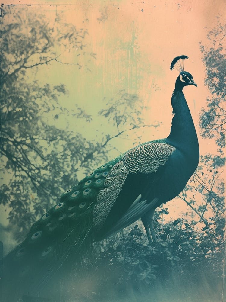 Light Leak Photo Style Of A Turquoise Peacock