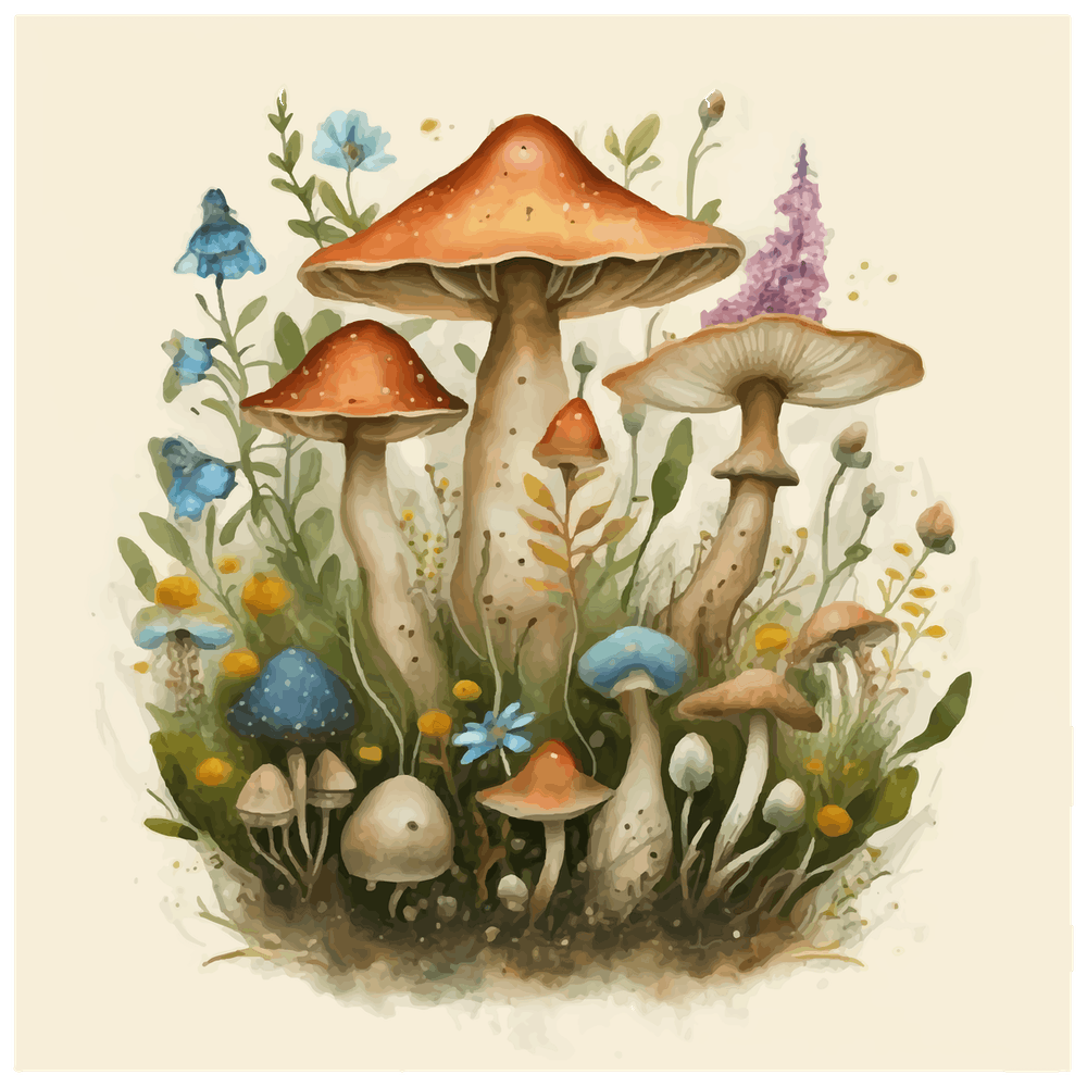 Mushrooms And Flowers
