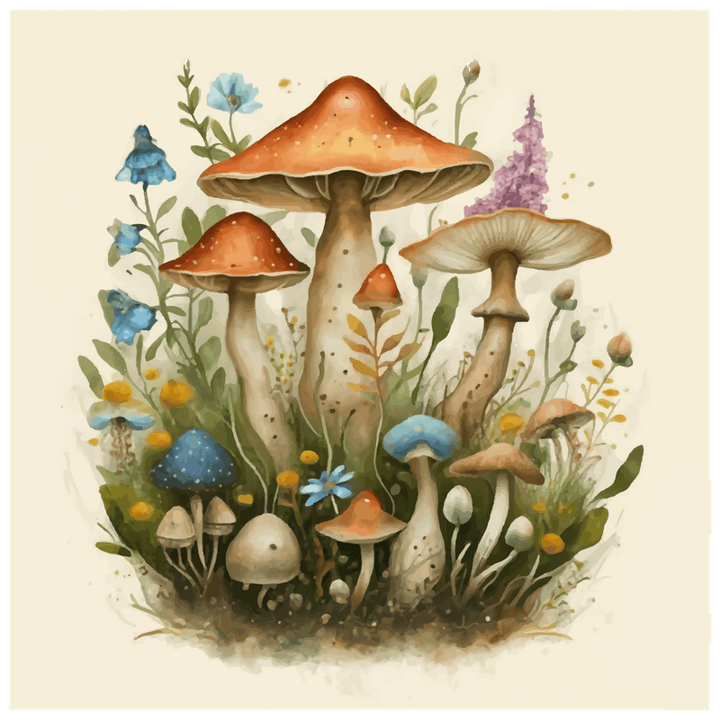 Mushrooms And Flowers
