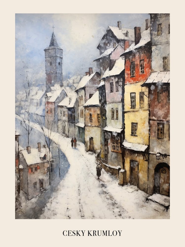 Vintage Winter Painting Poster Cesky Krumloy Czech Republic
