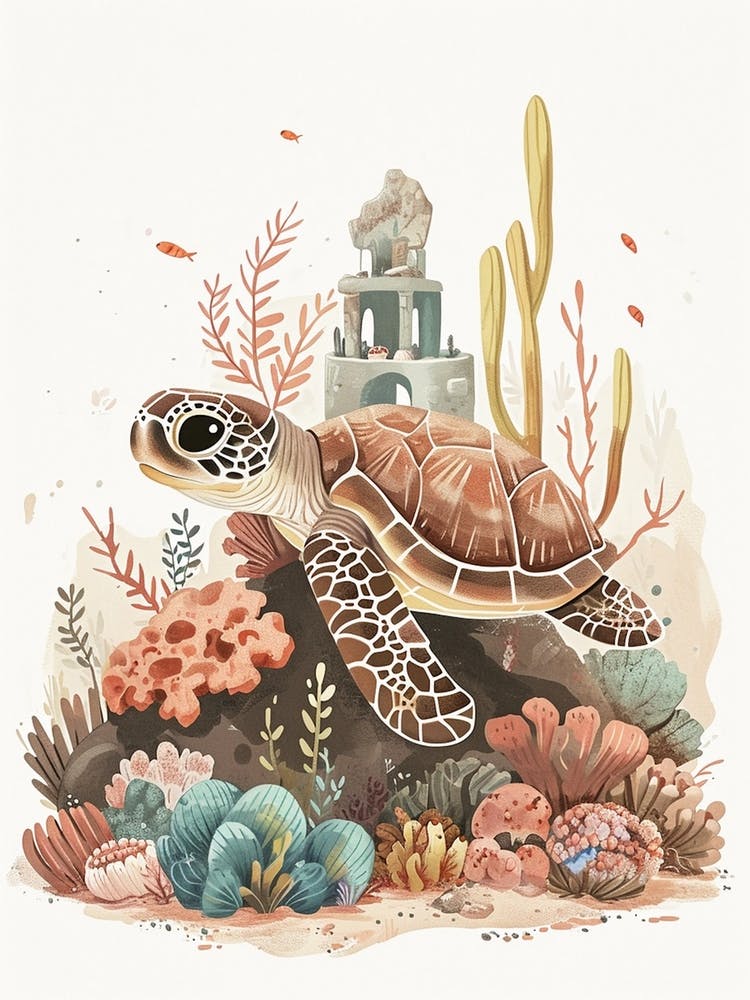 Sea Turtle With A Coral Castle Illustration 2