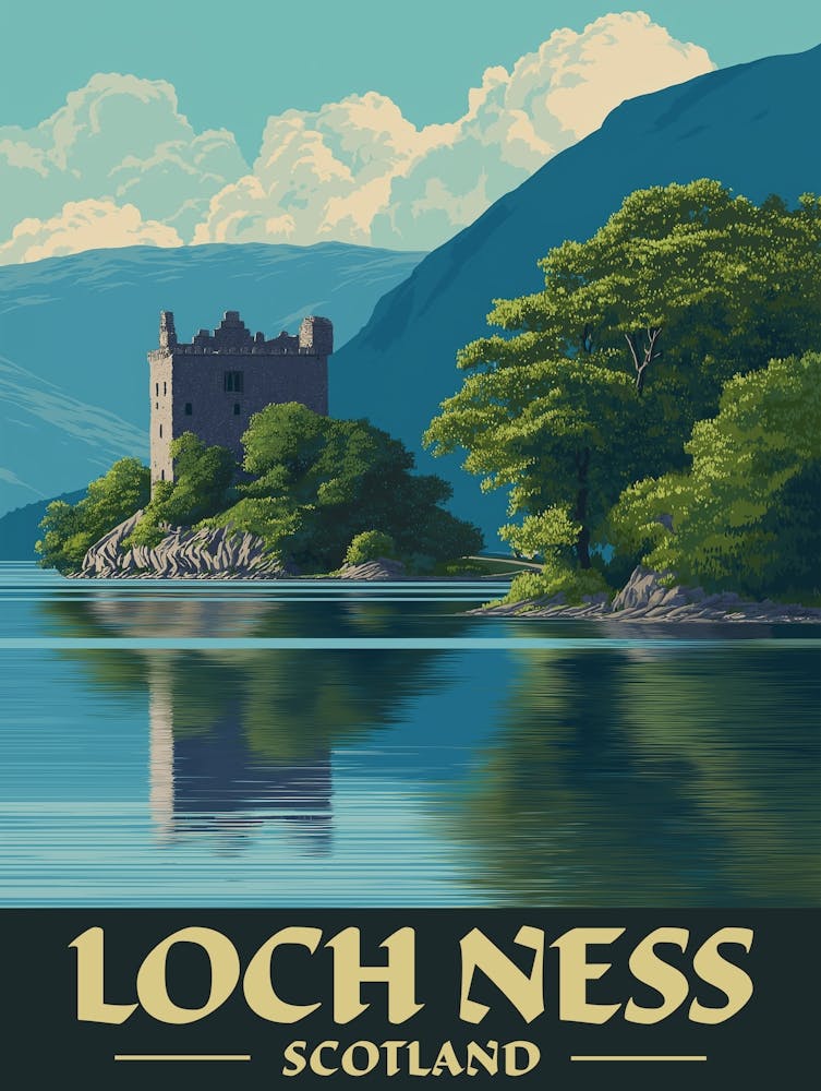 Vintage Travel Loch Ness Scotland Poster | Retro Castle & Highlands Art