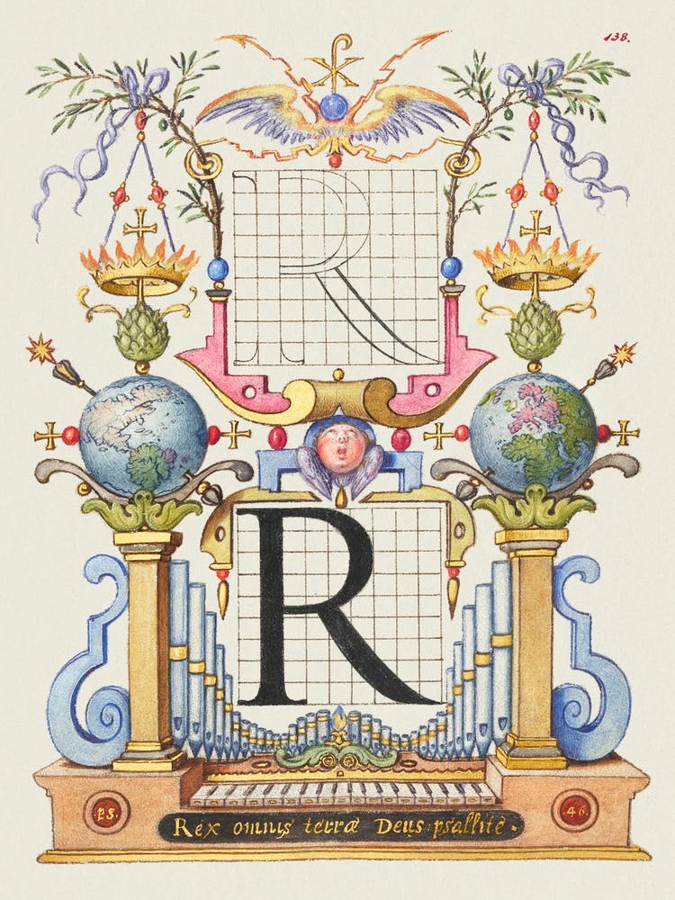 Guide For Constructing The Letter R From Mira Calligraphiae Monumenta, Joris Hoefnagel