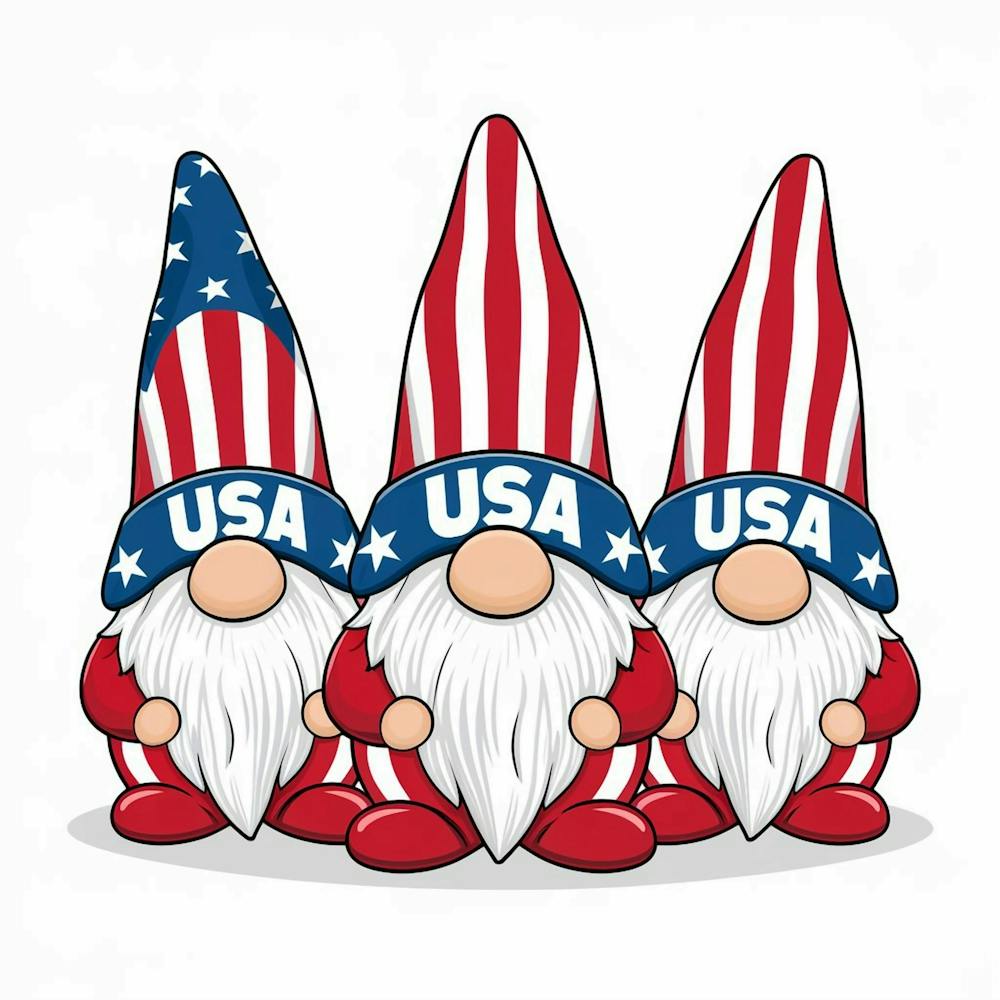 3 Patriotic Usa Gnomes in Red and Blue flag color dress