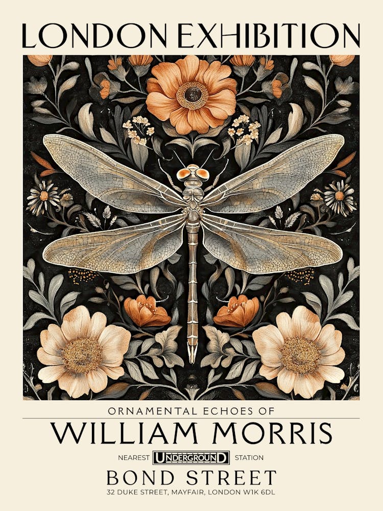 William Morris Dragonfly and floral artwork in Warm earth tones, insect and flower pattern dark academia library Botanical vintage print, living room vintage decor Floral tapestry Victorian nature art 37
