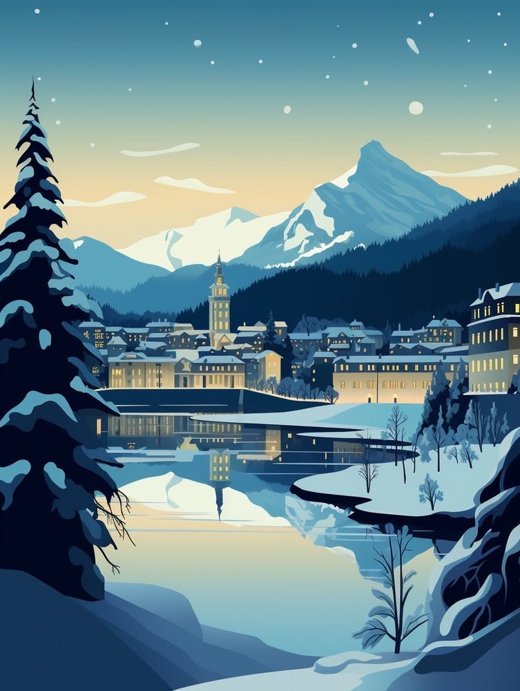 Winter Travel Night Illustration St Moritz Switzerland 2