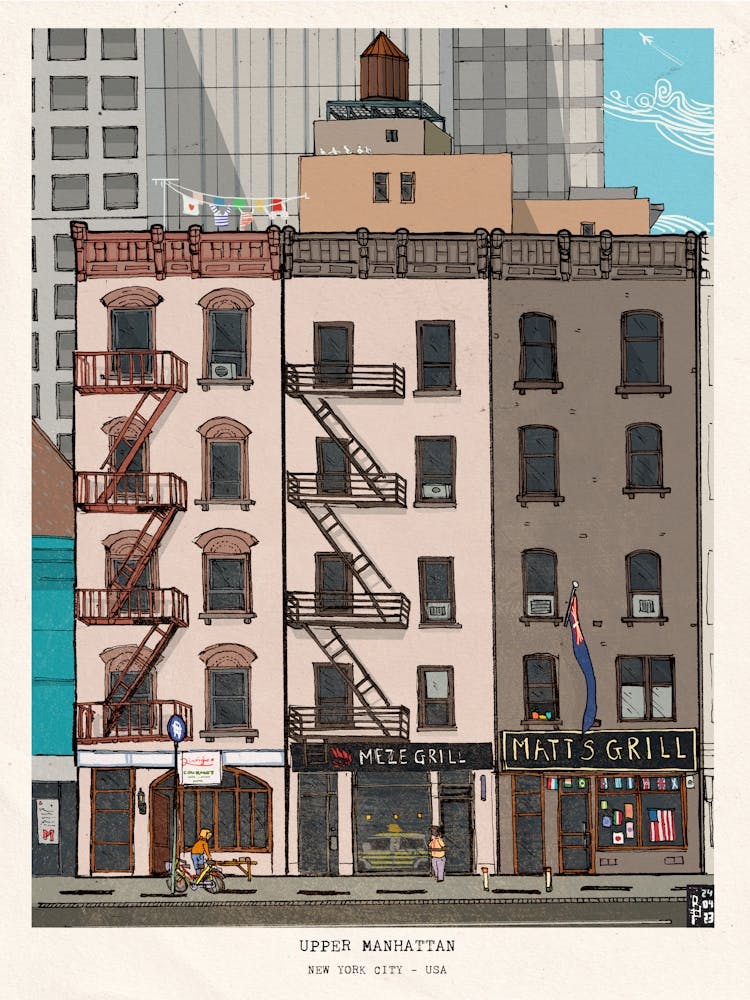 Illustration der Architektur von Upper Manhattan - Skurriles New York City - Wanddekoration mit Stadtansicht, Kunstdruck NYC