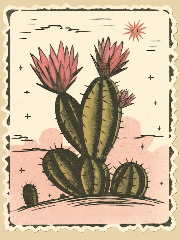 Cactus With Pink Flower In The Desert Vintage Illustration Stamp
