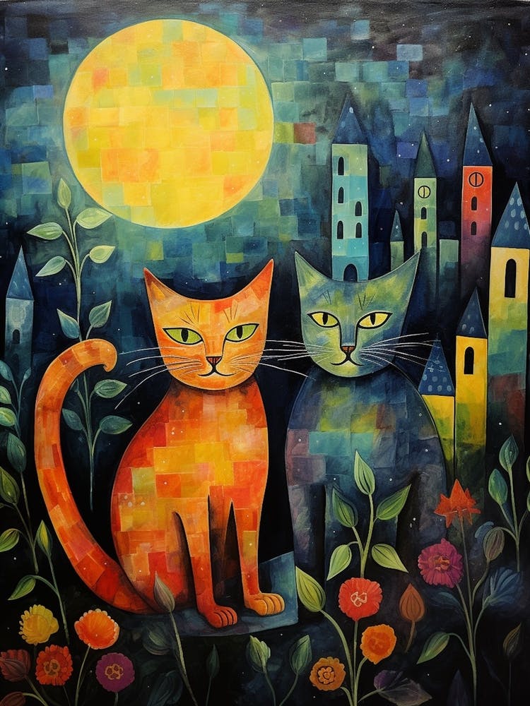 Two Cats In A Garden At Night In Front Of A Medieval Village