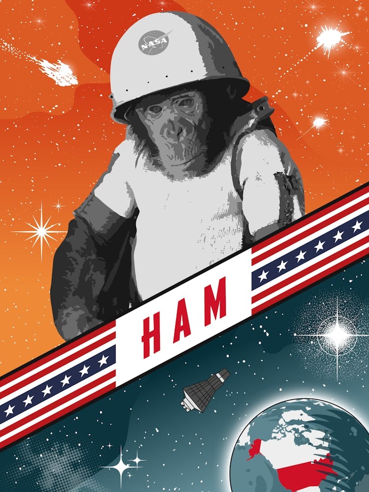 Ham, Premier chimpanzé dans l'espace, USA, 1961 — Affiche spatiale vintage, art spatial rétro