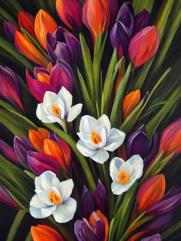 Crocus 2 Nature Morte Peinture à l'Huile Fleur