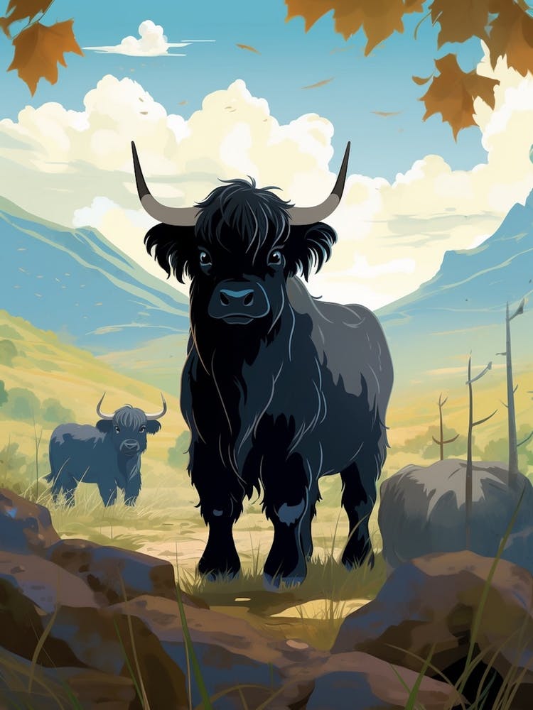 Two Black Bulls In The Autumnal Highlands
