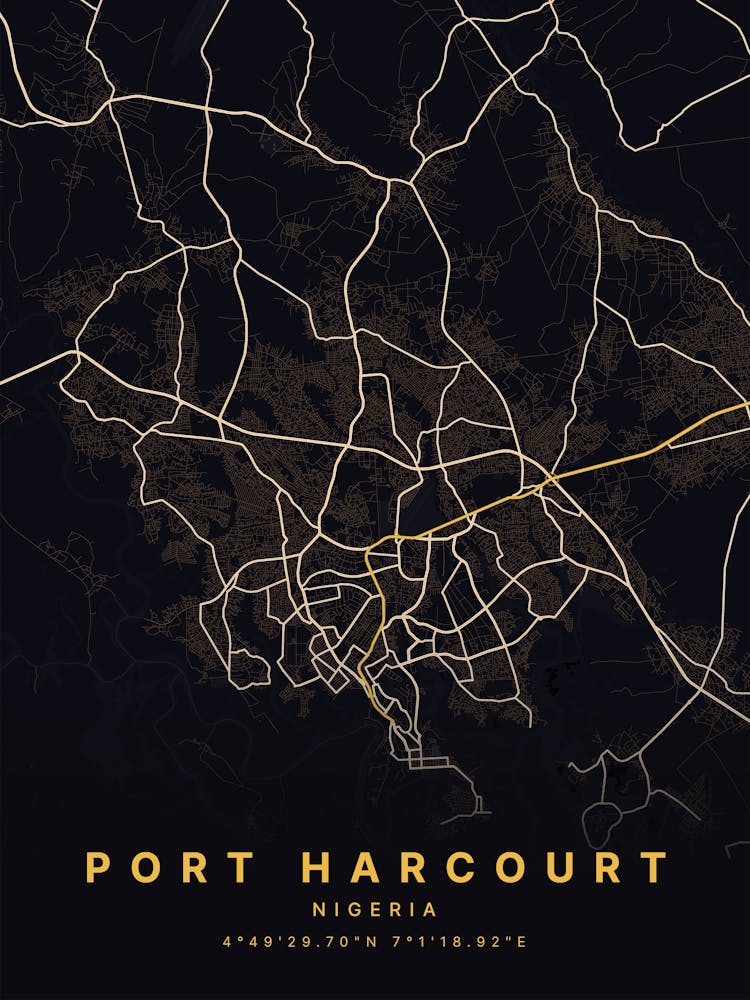 Port Harcourt Nigeria Black And Gold Map
